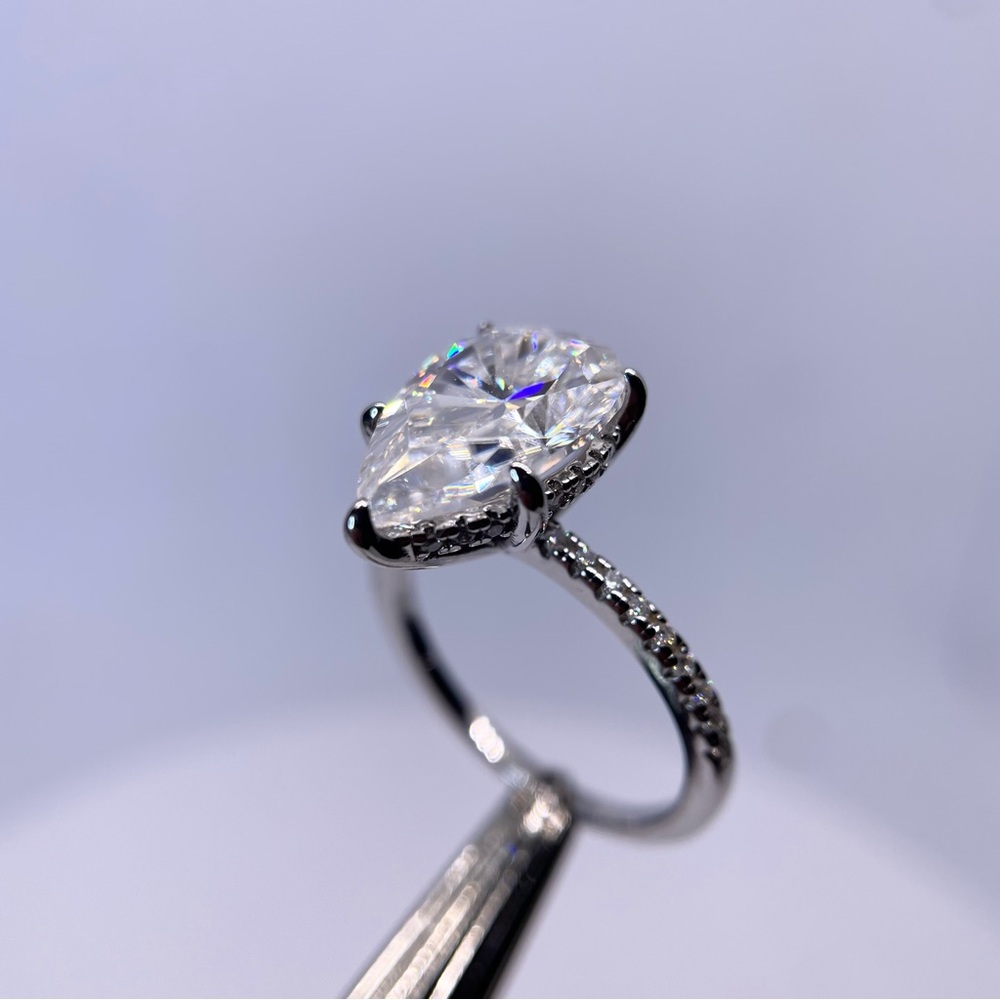 Moissanite Teardrop Ring 5 Ct Pear Cut Hidden Halo GRA Certified 18K - 925 - Picture 9 of 13